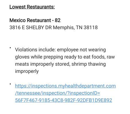 Restaurant inspection Aug 3-9th 2021