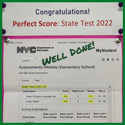 Perfect Score for both ELA and Math! 
2022 NY State Test. Well done, J. H.