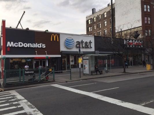 Exterior of McDonald's at 3543 B'way, next to AT&T (3545 B'way), vacated RadioShack (3547 B'way), & Foot Locker (3549 B'way).