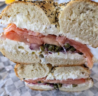 Lox on everything bagel extra toasted