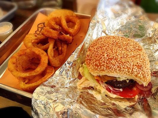 Trademark Burger with an order of Onion Rings