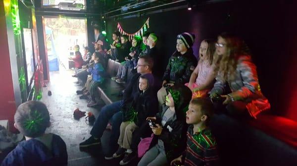 Inside the game theater for Owen's 7th Birthday Party.