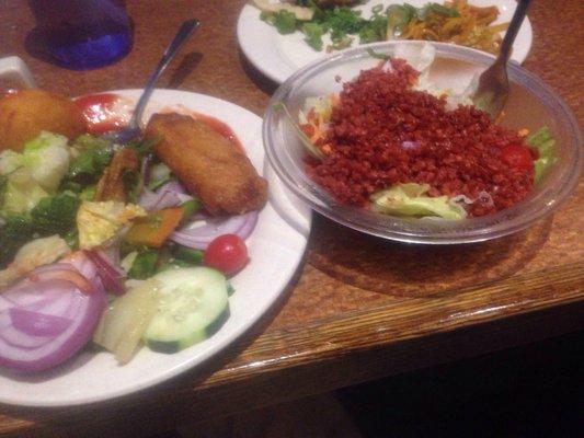 Imitation bacon veg roll salad and tofu skin , fries