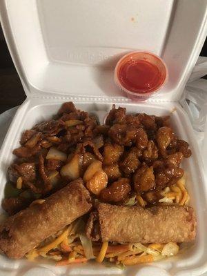 Honey Chicken, Green Pepper Steak & Onions, and two Egg Rolls with a cup of that sweet sauce. Yummy, Yummy