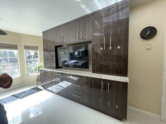 High Gloss finish slab doors, entertaint center for kitchen.