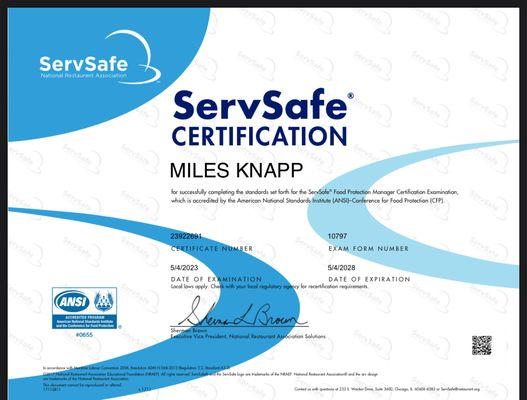 Safe Food Handling Certificate.