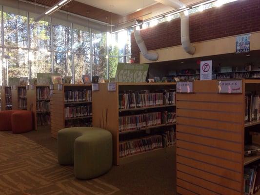 Children's section. Love the massive windows and large pine trees outside!