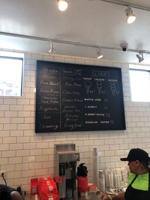 Menu of ice cream and coffee and donuts