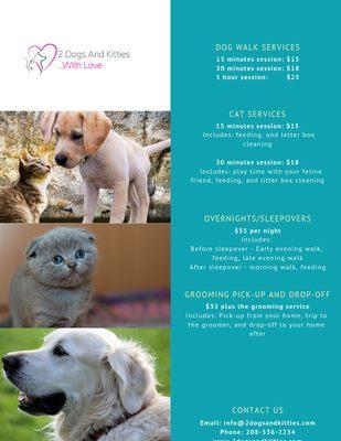 Price Menu for our Dog Walk and Cat Sitting Services