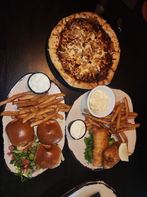 BBQ chicken pizza, traditional sliders with fries, fish & chips