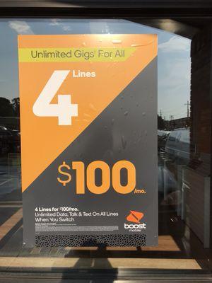 4/$100 with each line getting unlimited data. No sharing!