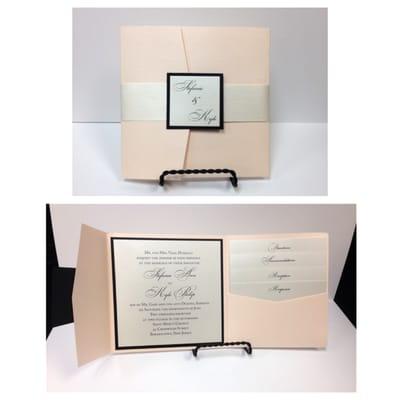 Square Blush Invitation with White Band & 2-layer tab. Invitation adheres to middle. Accessories layered in right side Pocket.