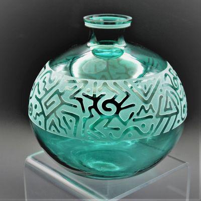 Green Round Hand Blown Glass Vase with Geo Abstract Design by Marsha Jacquay at It's A Blast! Glass Gallery - Tucson, AZ