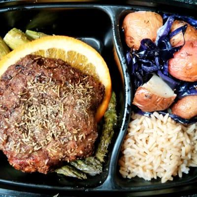 Sage Chicken Pattie, Grilled Asparagus, Red Potatoes and Red Cabbage