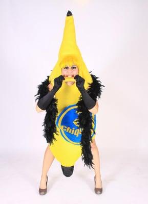 Dewie Decimator, Rogue Burlesque's kooky librarian, in her trademark banana glory