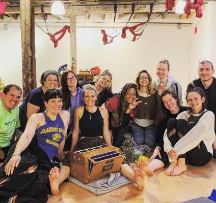 Teacher trainees and immersion students after a bhakti workshop I led while visiting NY in primary Shiva space at Abhaya Gowanus