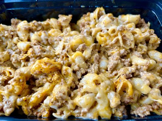 Homemade macaroni and cheese with ground beef