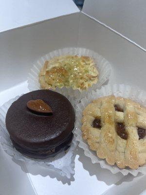 Quince tart, dark chocolate dulce de leche cookie, dulce de leche coconut tart