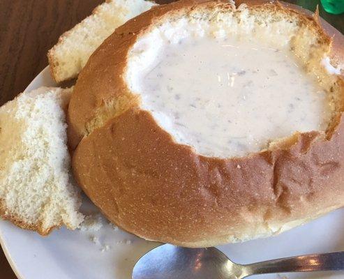 Cheeseburger chowder in a bread bowl!