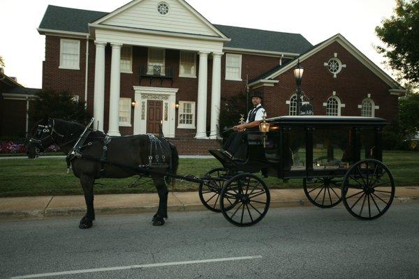 Horse drawn hearse on Main Street- outside of our downtown location