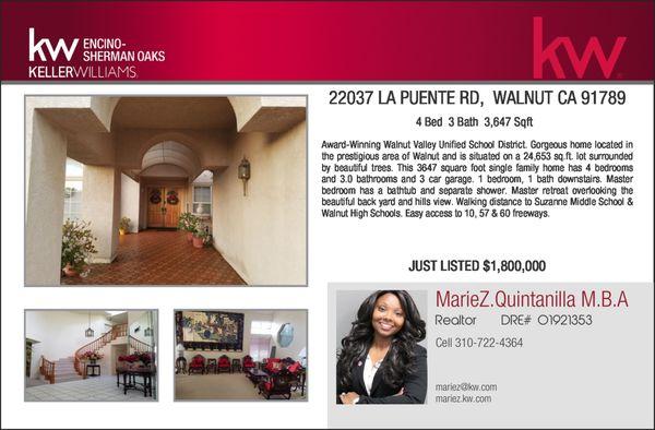 Award-Winning Walnut Valley Unified School District 22037 LA PUENTE RD,  WALNUT CA 91789 4 Bed  | 3 Bath   3,647 Sqft   | 24,653 Sqft