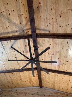 Pine ceiling with faux beams