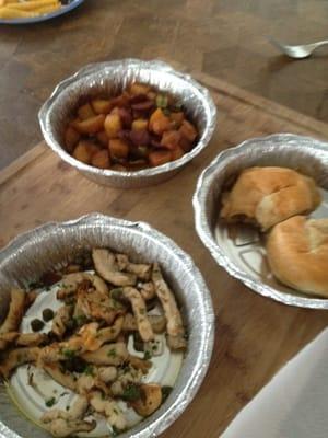 Potatoes, beer chicken, and pork loin sandwiches