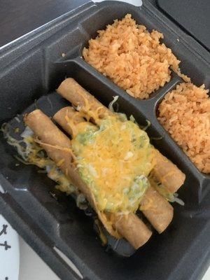 Rolled taquitos combo all rice no beans comes with a drink