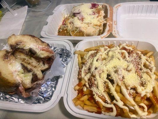 Honduran Tacos, Torta De Res, & Fries w/ Mayo, Ketchup, & Cheese.