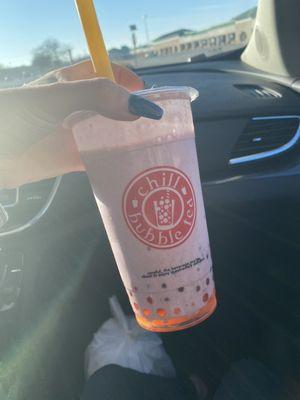 Crunchberry smoothie (strawberry and taro) with pomegranate boba