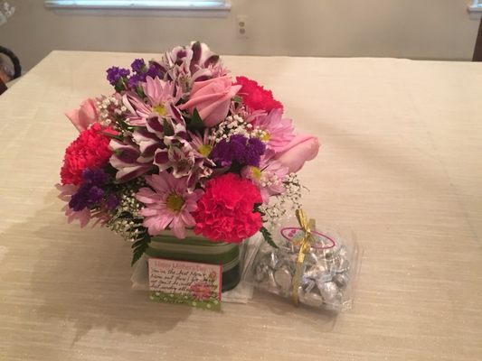 Mother's Day flowers and Hershey kisses we sent to my mom