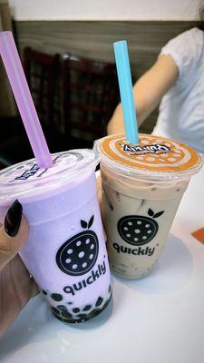 Taro milk tea slushee with boba and ginger milk tea with lychee