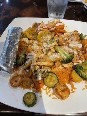 Special Dinner (grilled shrimp and chicken, California vegetables, cheesy rice, tortillas