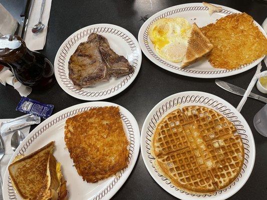 Texas Toast Bacon/Egg/Cheese, waffle, steak and eggs both with hashbrowns.