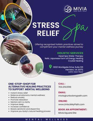 Through personal and proven stress relief modalities such as Head Spa Hydrotherapy on an authentic head spa bed; Reiki energy healing incorp