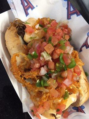 Build your own dog: dog, brisket, cheese sauce, fried onions, pico de gallo