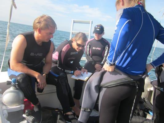 Archaeologist Nicole Tumbleson Morris outlines the day's objectives during the pre-dive briefing with volunteer divers