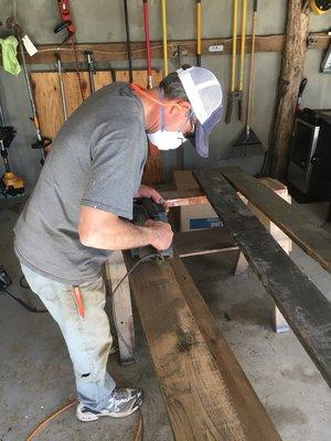 My Brother in law Robert Sackett making our coffee bar out of 30 year old reclaimed wood out of Knoxville.