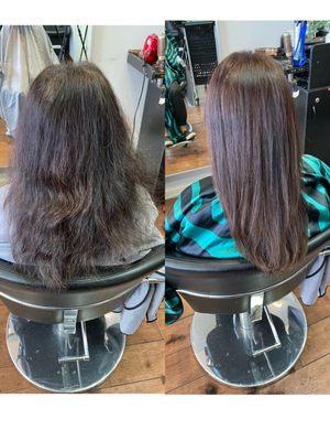 layer style hair cut. color. Brazilian smoothing treatment