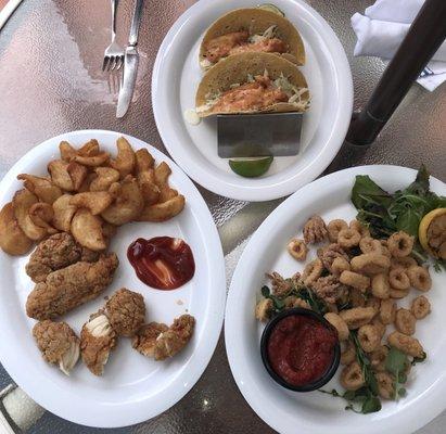 Fried calamari, chicken fingers w/ fries, fish tacos