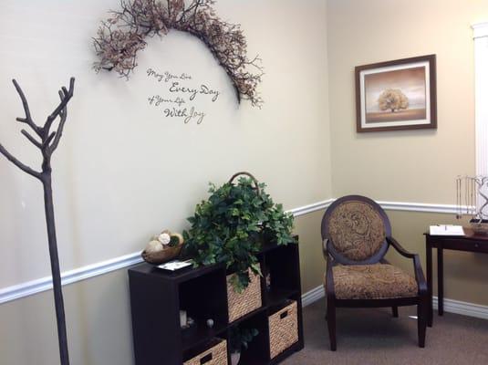 Front office waiting area of Wellness Within Me.  A peaceful environment to be greeted by our friendly staff. 