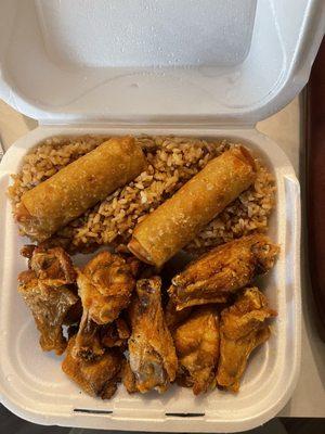 Lemon peeper wings fried rice with egg rolls