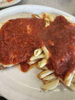 Chicken parmigiana with cavetelli.