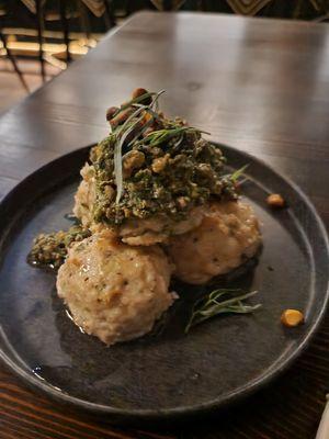 Chicken meatballs with tarragon and pistachio pesto