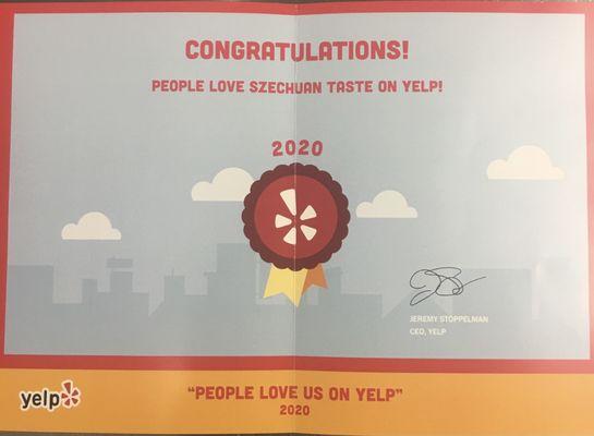 Proud to share that we won the 2020 People Love Us on Yelp award.