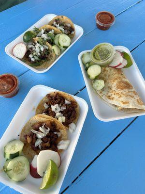 al pastor tacos, beef tacos, and a quesadilla