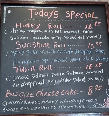 Today's specials 3/30/24. The Basque cheesecake is the bomb! No crust! ALL CHEESECAKE!