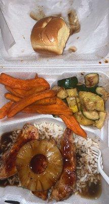 Hawaiian chicken with grilled squash and zucchini and sweet potato fries. So freakin good.