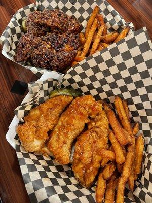 Railbird Chicken Tenders and Sweet Potato Fry's.