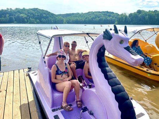 Kayaks, pedal boats and paddle boards for rent at Lake Logan beach.